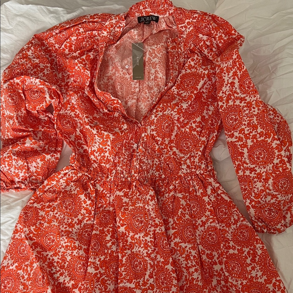 J. Crew Vibrant Orange Red and White Paisley Dress